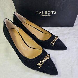 Talbots Sylvie Bit Suede 2” Kitten Heel Pump 9M Black & Gold